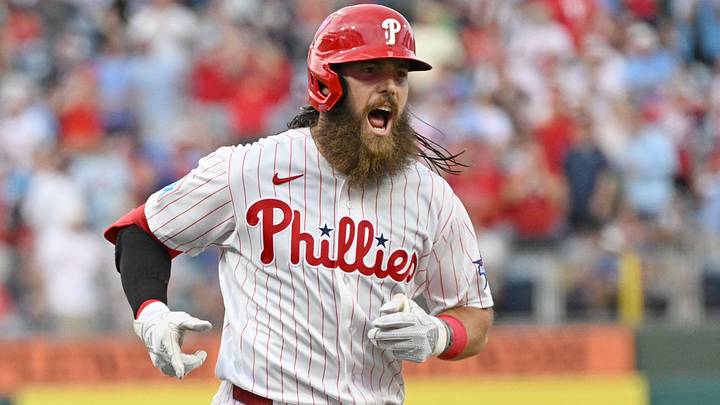 Philadelphia Phillies left fielder Brandon Marsh (16) runs the bases after hitting a home run.