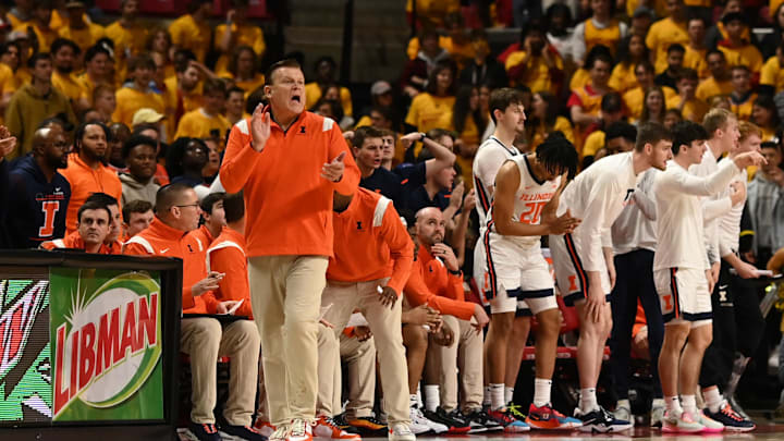 Dec 2, 2022; College Park, Maryland, USA;  Illinois Fighting Illini head coach Brad Underwood reacts
