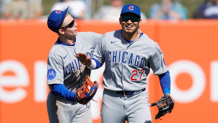 Chicago Cubs outfielders Pete Crow-Armstrong (4) and Seiya Suzuki (27) celebrate after a game against the Athletics at Sutter Health Park. 