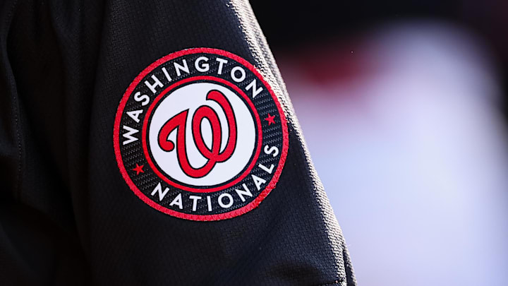 Apr 20, 2024; Washington, District of Columbia, USA; A detailed view of the Washington Nationals jersey sleeve patch during the sixth inning against the Houston Astros at Nationals Park. 