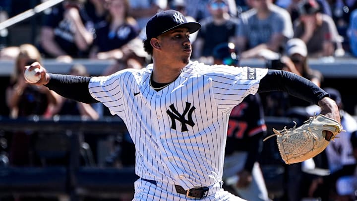 New York Yankees pitcher Carlos Lagrange (84) throws against Detroit Tigers during the first inning at George M. Steinbrenner Field in Tampa, Fla. on Saturday, Feb. 21, 2026.
