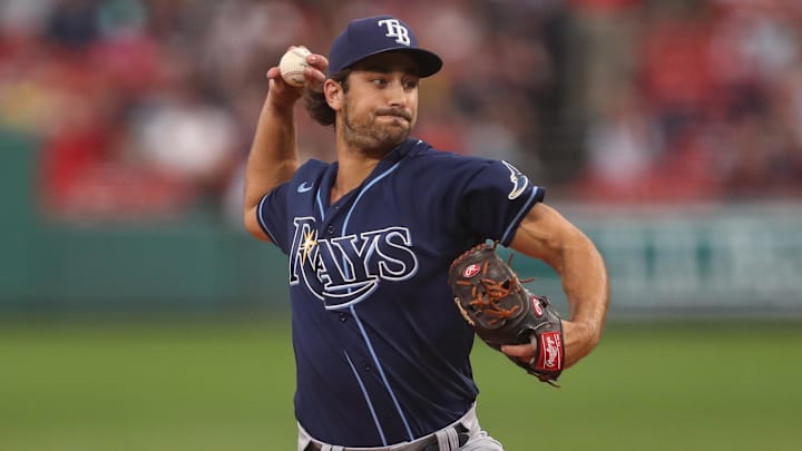 Aug 26, 2022; Boston, Massachusetts, USA; Tampa Bay Rays relief pitcher JT Chargois (84) throws a pitch during the first inning against the Boston Red Sox at Fenway Park. Mandatory Credit: Paul Rutherford-Imagn Images