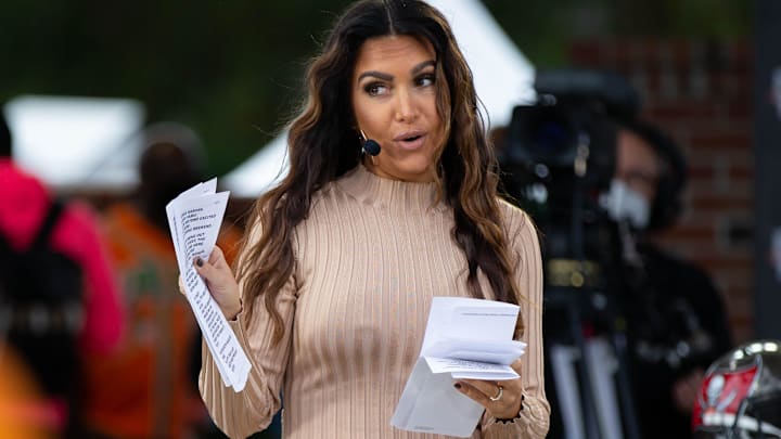 Sports commentator Molly Qerim Rose speaks to the crowd during a live taping of ESPN's “First Take”.