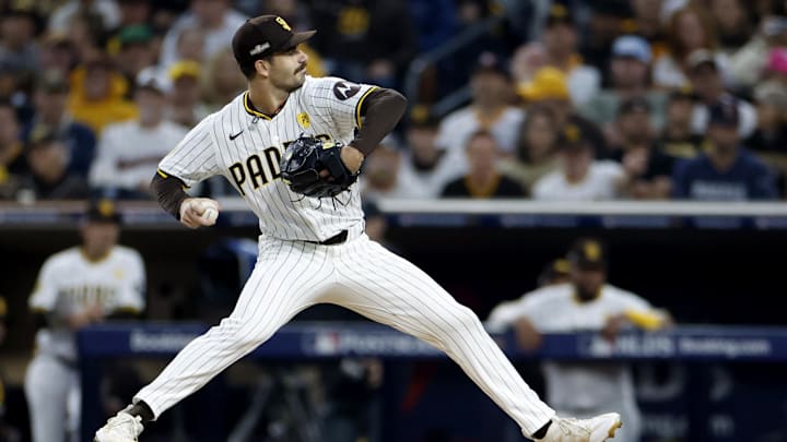 Oct 9, 2024; San Diego, California, USA; San Diego Padres pitcher Dylan Cease (84) throws in the second inning against the Los Angeles Dodgers during game four of the NLDS for the 2024 MLB Playoffs at Petco Park. Mandatory Credit: David Frerker-Imagn Images