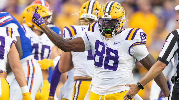 Sep 13, 2025; Baton Rouge, Louisiana, USA;  LSU Tigers defensive lineman Bernard Gooden (88) reacts to a play against the Florida Gators during the first half at Tiger Stadium. Mandatory Credit: Stephen Lew-Imagn Images