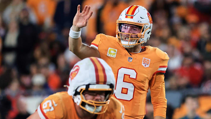 Dec 11, 2025; Tampa, Florida, USA; Tampa Bay Buccaneers quarterback Baker Mayfield (6) calls the snap count against the Atlanta Falcons during the second quarter at Raymond James Stadium. Mandatory Credit: Kim Klement Neitzel-Imagn Images Dec 11, 2025; Tampa, Florida, USA; Tampa Bay Buccaneers quarterback Baker Mayfield (6) calls the snap count against the Atlanta Falcons during the second quarter at Raymond James Stadium. Mandatory Credit: Kim Klement Neitzel-Imagn Images