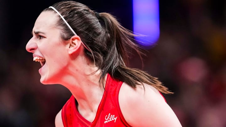 Indiana Fever guard Caitlin Clark (22) yells in excitement Saturday, May 17, 2025, during a game between the Indiana Fever and the Chicago Sky at Gainbridge Fieldhouse in Indianapolis. The Indiana Fever defeated the Chicago Sky, 93-58.