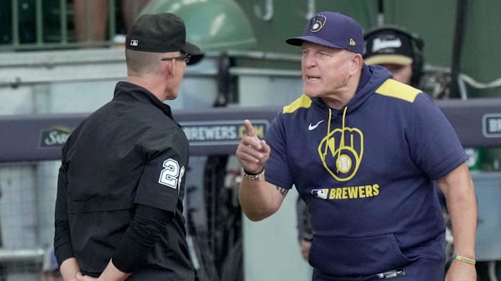 Milwaukee Brewers manager Pat Murphy questions a call with umpire Jim Wolf (28) during the ninth inning of their game against the Philadelphia Phillies Monday, September 1, 2025 at American Family Field in Milwaukee, Wisconsin.
