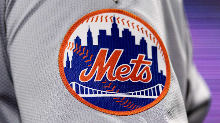 May 15, 2024; Philadelphia, Pennsylvania, USA; New York Mets logo on the sleeve of J.D. Martinez during a game against the Philadelphia Phillies at Citizens Bank Park. Mandatory Credit: Bill Streicher-Imagn Images