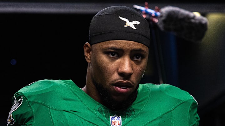 Dec 29, 2024; Philadelphia, Pennsylvania, USA; Philadelphia Eagles running back Saquon Barkley (26) walks from the tunnel for a game against the Dallas Cowboys at Lincoln Financial Field.  
