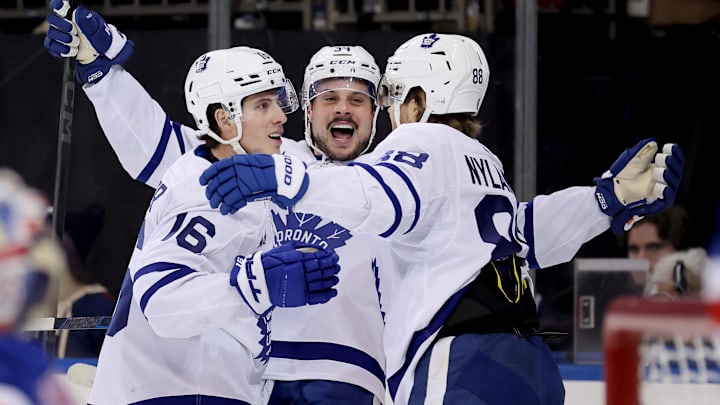 Dec 12, 2023; New York, New York, USA; Toronto Maple Leafs Mitchell Marner (16), Auston Matthews (34) and William Nylander (88)