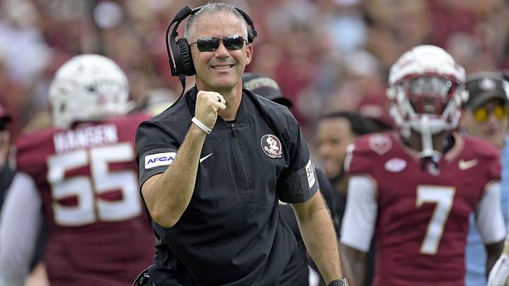 Sep 20, 2025; Tallahassee, Florida, USA; Florida State Seminoles head coach Mike Norvell reacts after a touchdown during the first half against the Kent State Golden Flashes at Doak S. Campbell Stadium. Mandatory Credit: Melina Myers-Imagn Images