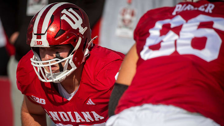 Indiana's Carter Smith (65) gets ready before the start of the Indiana versus Wisconsin football game at Memorial Stadium on Saturday, Nov. 15, 2025.