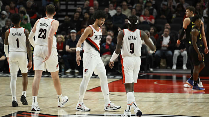 Oct 18, 2024; Portland, Oregon, USA; Portland Trail Blazers forward Toumani Camara (33) celebrates after forcing a turnover against the Utah Jazz during the first half at Moda Center. Mandatory Credit: Troy Wayrynen-Imagn Images