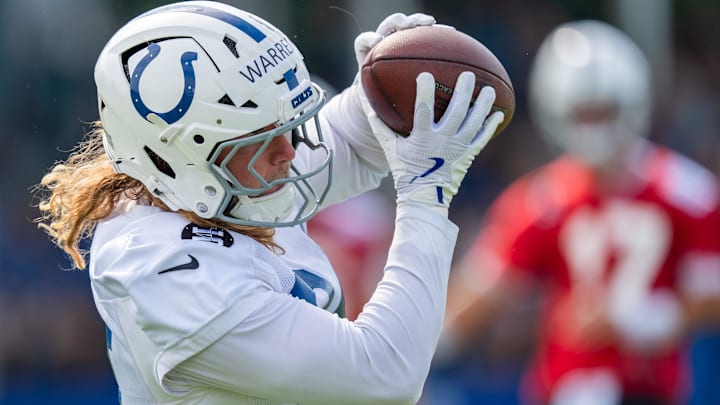 Indianapolis Colts tight end Tyler Warren (84) catches a pass Friday, July 25, 2025, during training camp held at Grand Park in Westfield.