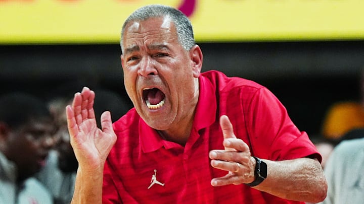 Houston Cougars men's basketball head coach Kelvin Sampson reacts during the second half against Iowa State in the Big-12 men’s basketball at Hilton Coliseum on Feb. 16, 2026, in Ames, Iowa