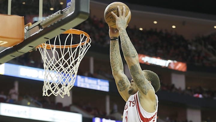 Apr 13, 2016; Houston, TX, USA; Houston Rockets forward Michael Beasley (8) dunks against the Sacramento Kings in the second quarter at Toyota Center. Mandatory Credit: Thomas B. Shea-Imagn Images