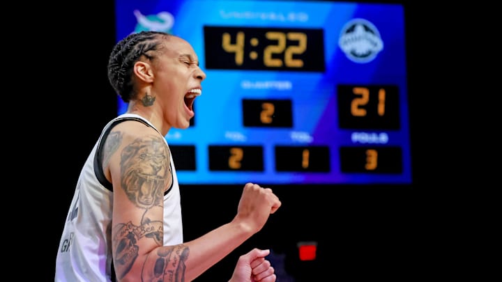 Brittney Griner, with the Phantom, celebrates a score during a game on February 18, 2025.