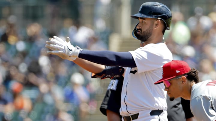 May 1, 2024; Detroit, Michigan, USA; Detroit Tigers left fielder Riley Greene (31) celebrates after