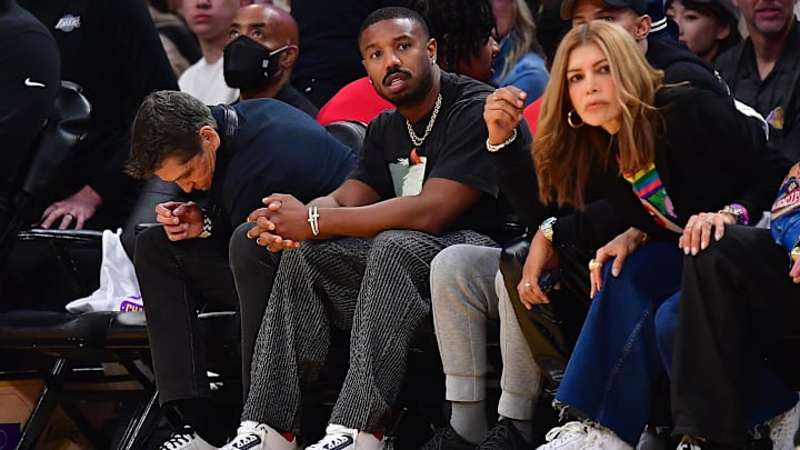 May 6, 2023; Los Angeles, California, USA; Film actor Michael B. Jordan in attendance as the Los Angeles Lakers play against the Golden State Warriors during the second half in game three of the 2023 NBA playoffs at Crypto.com Arena. Mandatory Credit: Gary A. Vasquez-Imagn Images