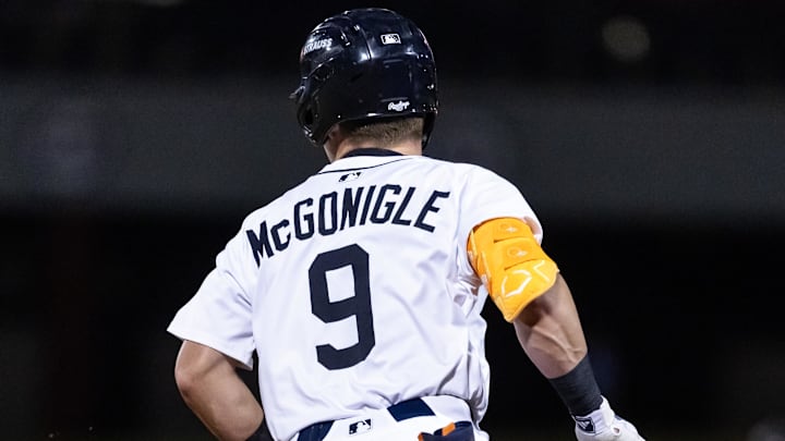 Nov 9, 2025; Mesa, AZ, USA; Detailed view of the jersey of Detroit Tigers shortstop Kevin McGonigle (9) during the Arizona Fall League Fall Stars Game at Sloan Park. Mandatory Credit: Mark J. Rebilas-Imagn Images