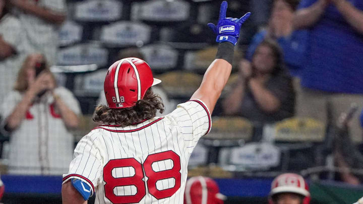 Sep 16, 2023; Kansas City, Missouri, USA; Kansas City Royals catcher Logan Porter (88) celebrates toward the fans after hitting his first career home run against the Houston Astros in the eighth inning at Kauffman Stadium