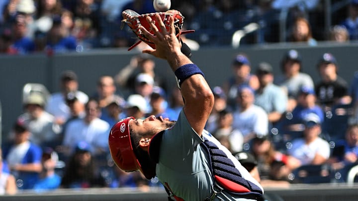 Sep 15, 2024; Toronto, Ontario, CAN;  St. Louis Cardinals catcher Ivan Herrera (48) catches a pop up hit by Toronto Blue Jays designated hitter Vladimir Guerrero Jr. (not shown in the first inning at Rogers Centre. Mandatory Credit: Dan Hamilton-Imagn Images