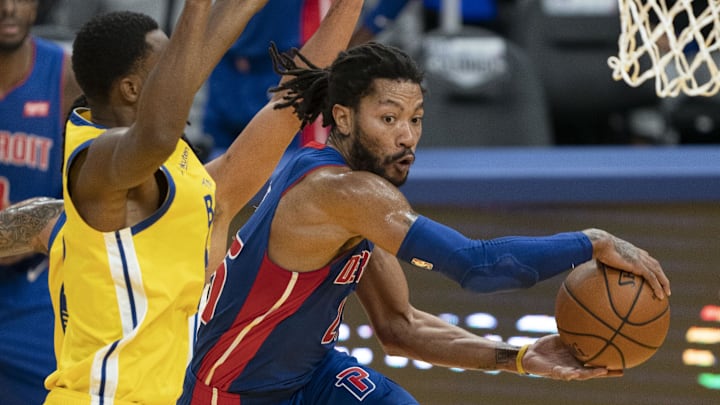 January 30, 2021; San Francisco, California, USA; Detroit Pistons guard Derrick Rose (25) passes the basketball against Golden State Warriors forward Andrew Wiggins (22) during the second quarter at Chase Center. Mandatory Credit: Kyle Terada-Imagn Images January 30, 2021; San Francisco, California, USA; Detroit Pistons guard Derrick Rose (25) passes the basketball against Golden State Warriors forward Andrew Wiggins (22) during the second quarter at Chase Center. Mandatory Credit: Kyle Terada-Imagn Images