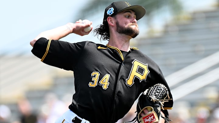 Mar 5, 2023; Bradenton, Florida, USA; Pittsburgh Pirates pitcher JT Brubaker (34) throws a pitch in