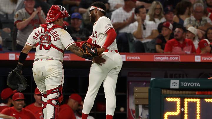 Aug 13, 2026; Anaheim, California, USA; Los Angeles Angels pitcher Walbert Urena (57) is greeted by catcher Moises Ballesteros (13) at end of the sixth inning against the Texas Rangers at Angel Stadium. Mandatory Credit: Kiyoshi Mio-Imagn Images Aug 13, 2026; Anaheim, California, USA; Los Angeles Angels pitcher Walbert Urena (57) is greeted by catcher Moises Ballesteros (13) at end of the sixth inning against the Texas Rangers at Angel Stadium. Mandatory Credit: Kiyoshi Mio-Imagn Images