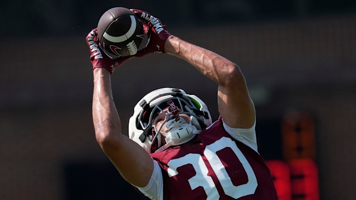 July 31, 2025; Tuscaloosa, AL, USA; Wide receiver Derek Meadows makes a catch during the second practice session of the preseason for the Alabama Crimson Tide.