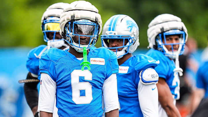Detroit Lions cornerback Terrion Arnold (6) watches practice during training camp at Meijer Performance Center in Allen Park on Thursday, August 21, 2025.