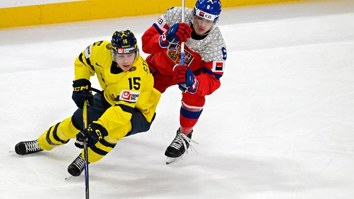 Jan 5, 2026; St. Paul, Minnesota, USA; Sweden forward Ivar Stenberg (15) controls the puck as Czechia defensemen Radim Mrtka (6) gives chase during the first period in the final of the 2026 IIHF World Junior Championship ice hockey tournament at Grand Casino Arena. Mandatory Credit: Nick Wosika-Imagn Images