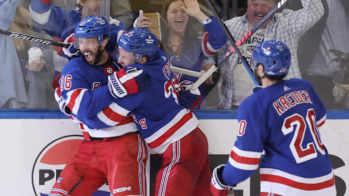 May 7, 2024; New York, New York, USA; New York Rangers center Vincent Trocheck (16) celebrates his