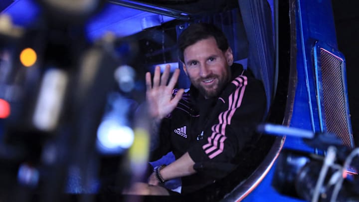 Lionel Messi waves to fans in Lima, Peru, Tuesday night.  Inter Miami plays Universitario de Deportes tonight in a friendly at Estádio Monumental with a crowd of about 80,000 expected to attend.