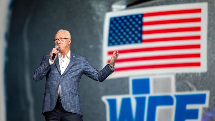 President and CEO Rod Wood stands on stage during the Detroit Lions' new uniform reveal event inside Ford Field in Detroit on Thursday, April 18, 2024. President and CEO Rod Wood stands on stage during the Detroit Lions' new uniform reveal event inside Ford Field in Detroit on Thursday, April 18, 2024.