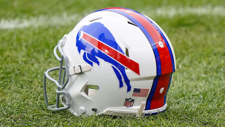 Dec 19, 2020; Denver, Colorado, USA; A general view of the  Buffalo Bills helmet before game against the Denver Broncos at Empower Field at Mile High. Mandatory Credit: Troy Babbitt-Imagn Images