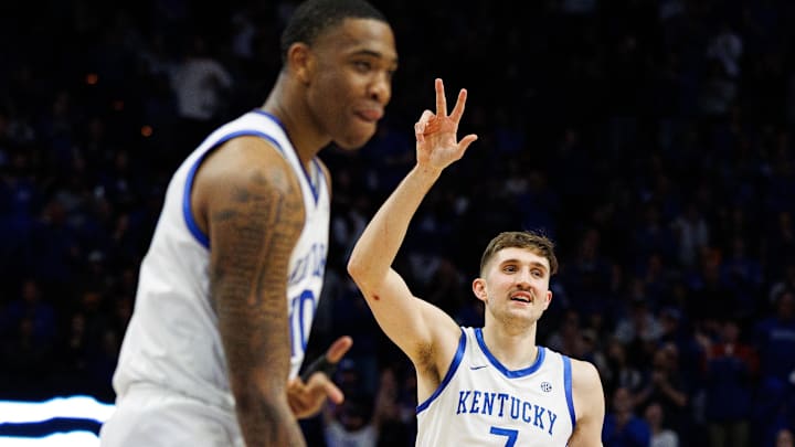 Feb 11, 2025; Lexington, Kentucky, USA; Kentucky Wildcats forward Andrew Carr (7) celebrates with forward Brandon Garrison (10) after Garrison makes a three point basket during the first half against the Tennessee Volunteers at Rupp Arena at Central Bank Center. Mandatory Credit: Jordan Prather-Imagn Images