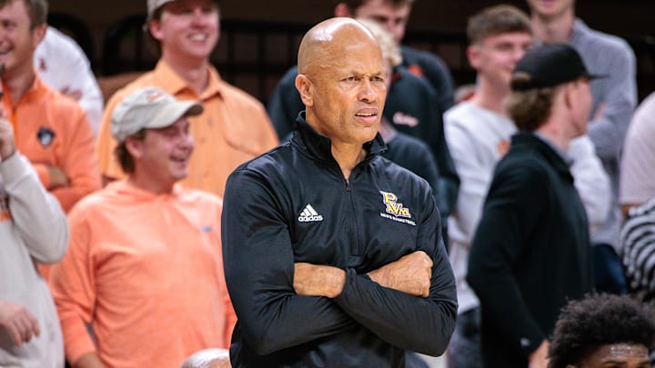 Nov 12, 2025; Stillwater, Oklahoma, USA; Prairie View A&M Panthers coach Byron Smith watches game play during the second half against the Oklahoma State Cowboys at Gallagher-Iba Arena. Mandatory Credit: William Purnell-Imagn Images