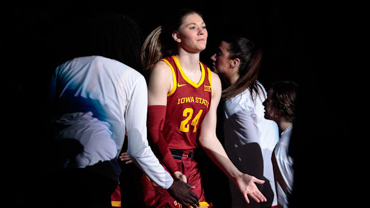 Mar 12, 2023; Kansas City, MO, USA; Iowa State Cyclones guard Ashley Joens (24) being introduced prior to the game against the Texas Longhorns at Municipal Auditorium. Mandatory Credit: William Purnell-Imagn Images