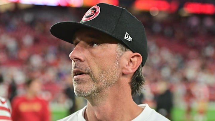 Jan 5, 2025; Glendale, Arizona, USA;  San Francisco 49ers head coach Kyle Shanahan looks on after losing to the Arizona Cardinals at State Farm Stadium. Mandatory Credit: Matt Kartozian-Imagn Images3
