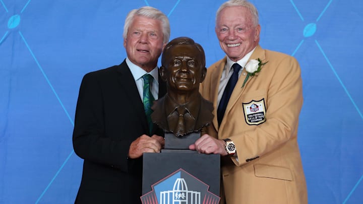 Dallas Cowboys owner Jerry Jones poses with Jimmy Johnson during the Professional Football HOF enshrinement.