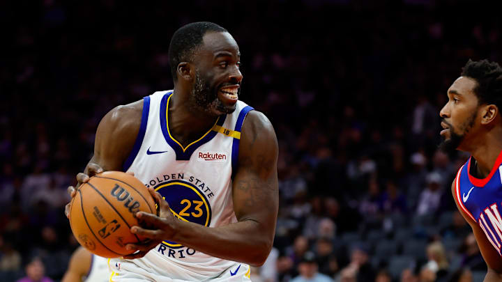 Feb 21, 2025; Sacramento, California, USA; Golden State Warriors forward Draymond Green (23) drives to the basket against Sacramento Kings guard Malik Monk (0) during the third quarter at Golden 1 Center. Mandatory Credit: Sergio Estrada-Imagn Images Feb 21, 2025; Sacramento, California, USA; Golden State Warriors forward Draymond Green (23) drives to the basket against Sacramento Kings guard Malik Monk (0) during the third quarter at Golden 1 Center. Mandatory Credit: Sergio Estrada-Imagn Images