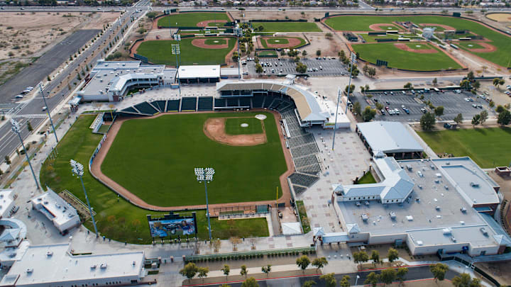 Aerial drone view of Surprise Stadium, Cactus League home of the Texas Rangers and Kansas City Royals, in Surprise on Jan. 9, 2019.