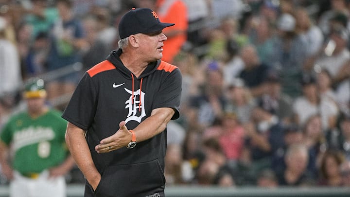 Aug 25, 2025; West Sacramento, California, USA; Detroit Tigers manager A.J. Hinch (14) motions to the home plate umpire during a mound visit in the fourth inning of the game against the Athletics at Sutter Health Park. 