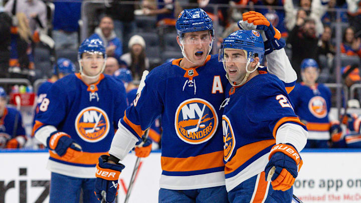 Dec 11, 2023; Elmont, New York, USA; New York Islanders center Kyle Palmieri (21) celebrates his