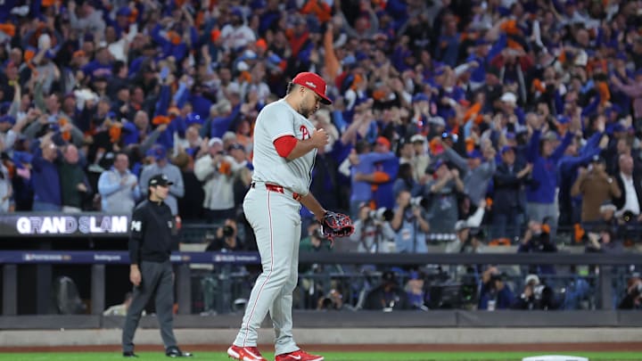 Oct 9, 2024; New York, New York, USA; Philadelphia Phillies pitcher Carlos Estevez (53) reacts after giving up a grand slam to New York Mets shortstop Francisco Lindor (not pictured) in the sixth inning in game four of the NLDS for the 2024 MLB Playoffs at Citi Field.