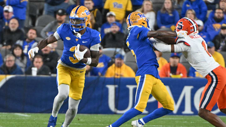 Oct 24, 2024; Pittsburgh, Pennsylvania, USA; Pittsburgh Panthers wide receiver Daejon Reynolds (3) gains yardage against the Syracuse Orange during the third quarter at Acrisure Stadium. Mandatory Credit: Barry Reeger-Imagn Images Oct 24, 2024; Pittsburgh, Pennsylvania, USA; Pittsburgh Panthers wide receiver Daejon Reynolds (3) gains yardage against the Syracuse Orange during the third quarter at Acrisure Stadium. Mandatory Credit: Barry Reeger-Imagn Images