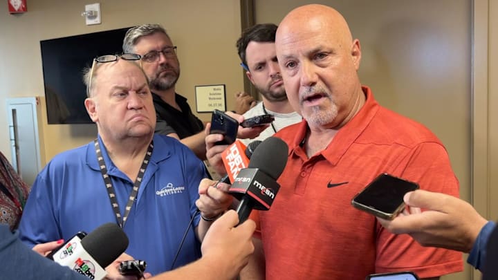 Aug 1, 2023; Washington, District of Columbia, USA; Washington Nationals general manager Mike Rizzo discusses the close of the trade window before the game against the Milwaukee Brewers at Nationals Park.