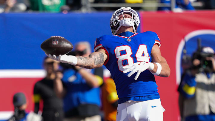 Nov 2, 2025; East Rutherford, New Jersey, USA; New York Giants tight end Theo Johnson (84) reacts after scoring a touchdown against the San Francisco 49ers during the first half at MetLife Stadium. Mandatory Credit: Robert Deutsch-Imagn Images Nov 2, 2025; East Rutherford, New Jersey, USA; New York Giants tight end Theo Johnson (84) reacts after scoring a touchdown against the San Francisco 49ers during the first half at MetLife Stadium. Mandatory Credit: Robert Deutsch-Imagn Images